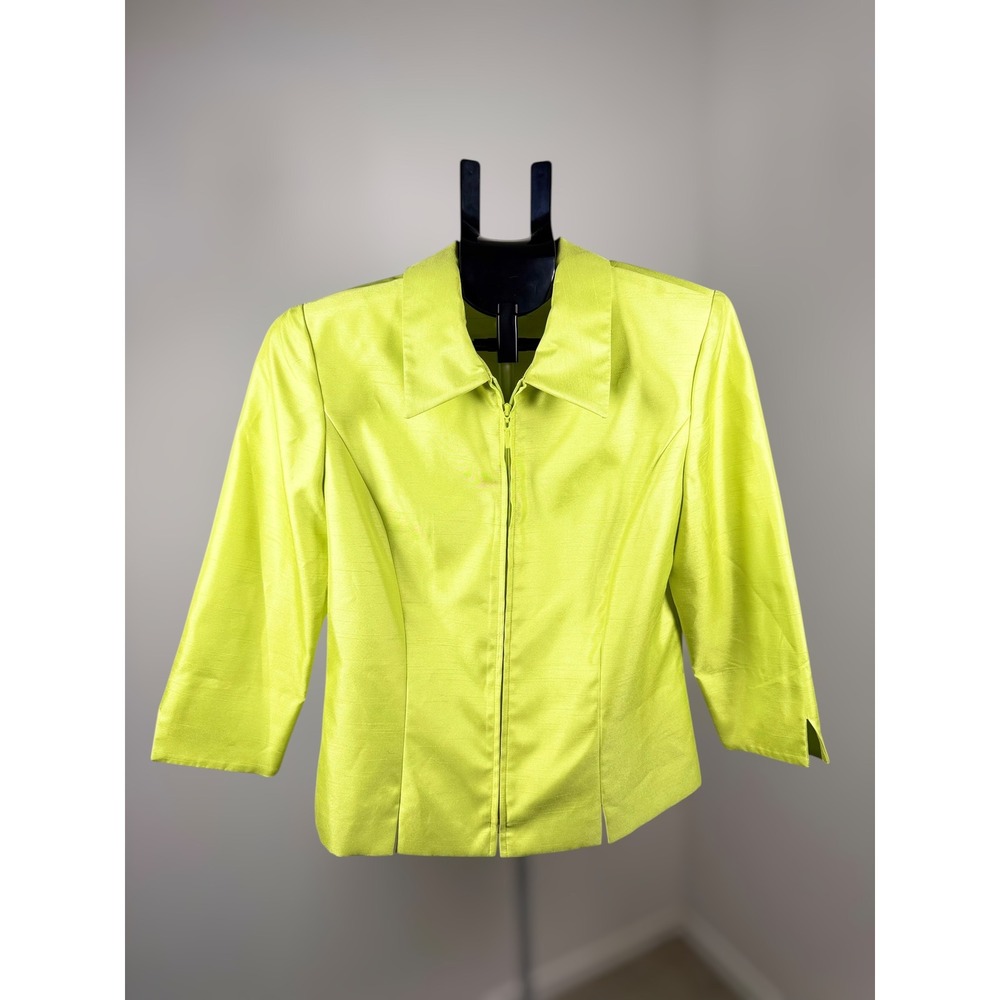 Jessica Howard Petite Lime Green Zip Front Faux Silk Blazer Jacket Size 10P
